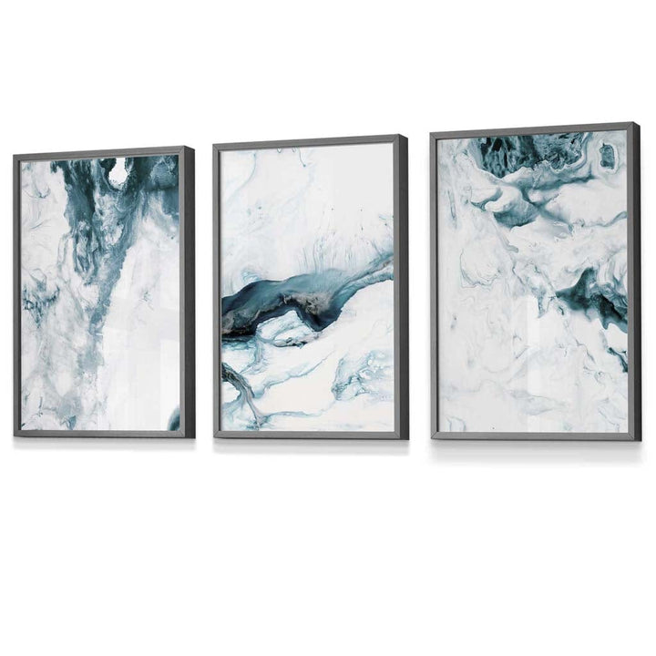 Abstract Teal and White Set of 3 Framed Wall Art | Bowlift