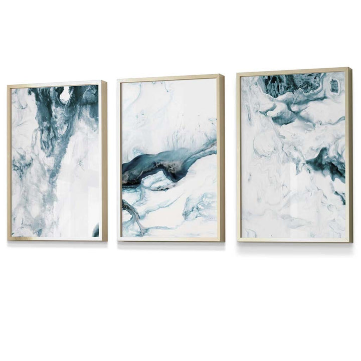 Abstract Teal and White Set of 3 Framed Wall Art | Bowlift