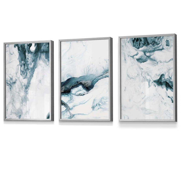 Abstract Teal and White Set of 3 Framed Wall Art | Bowlift
