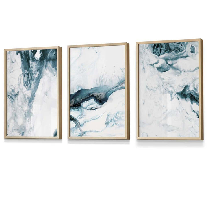 Abstract Teal and White Set of 3 Framed Wall Art | Bowlift