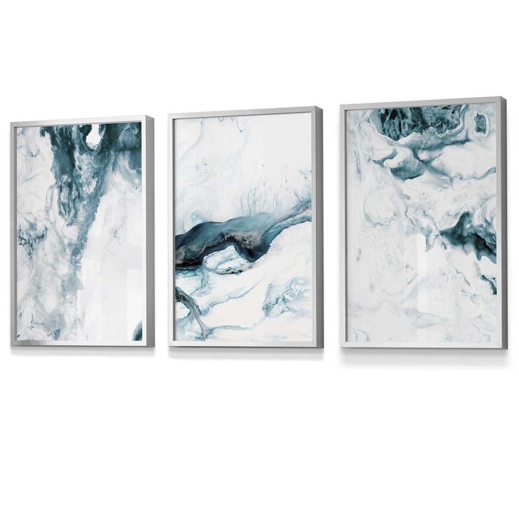 Abstract Teal and White Set of 3 Framed Wall Art | Bowlift