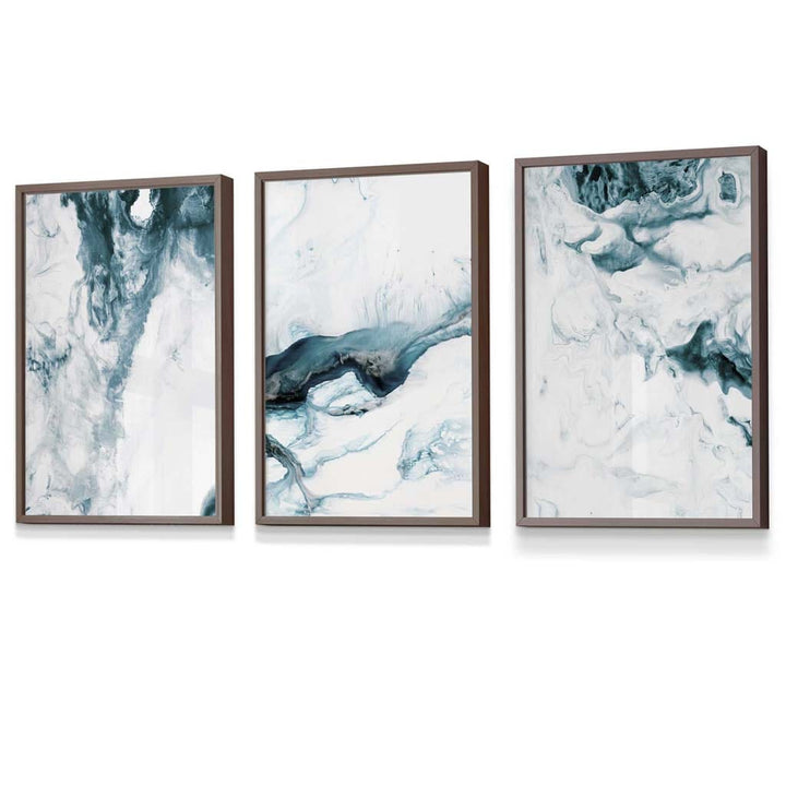 Abstract Teal and White Set of 3 Framed Wall Art | Bowlift