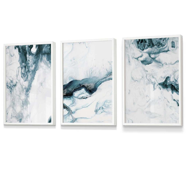 Abstract Teal and White Set of 3 Framed Wall Art | Bowlift