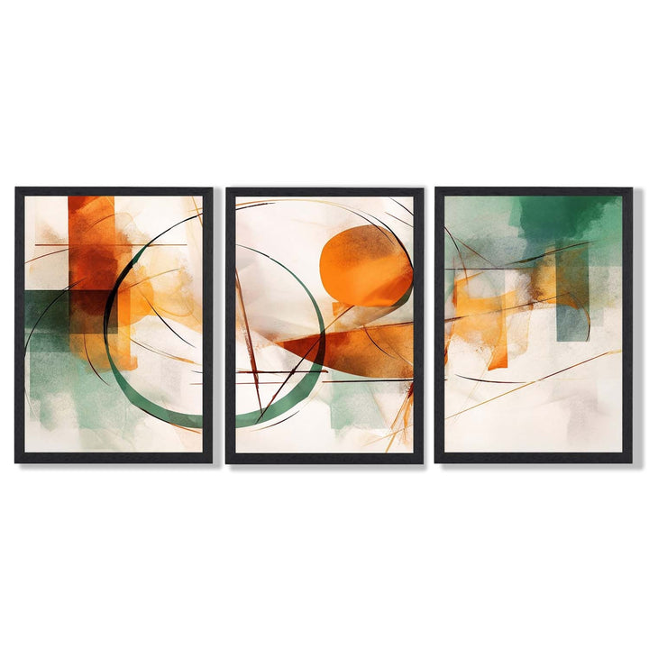 Abstract Set of 3 Wall Art Prints in Green and Orange | Bowlift