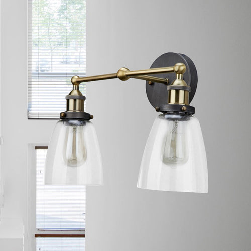 BowLift | 2 Light Tapered Sconce Lighting Fixture Industrial Antique Brass Clear Glass Wall Lamp