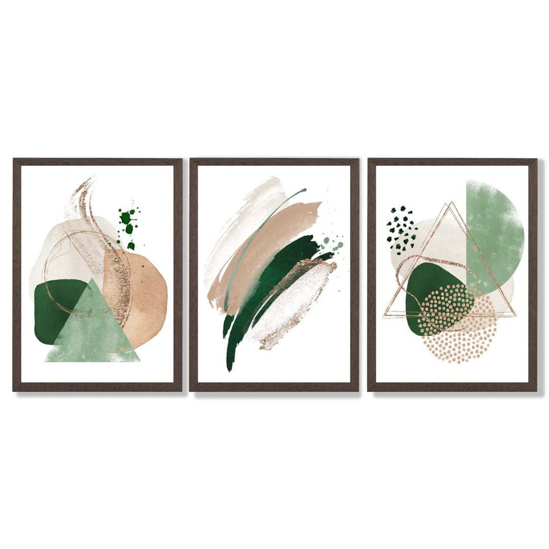 Abstract Set of 3 Sage Green and Beige Framed Art Prints | Bowlift