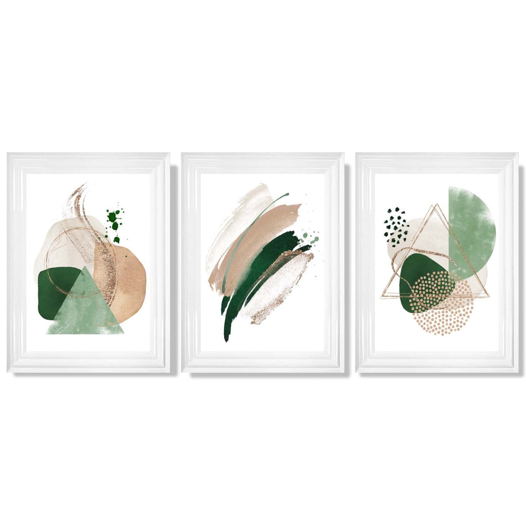 Abstract Set of 3 Sage Green and Beige Framed Art Prints | Bowlift