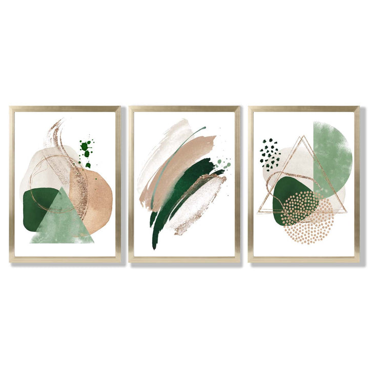 Abstract Set of 3 Sage Green and Beige Framed Art Prints | Bowlift