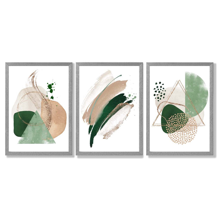 Abstract Set of 3 Sage Green and Beige Framed Art Prints | Bowlift