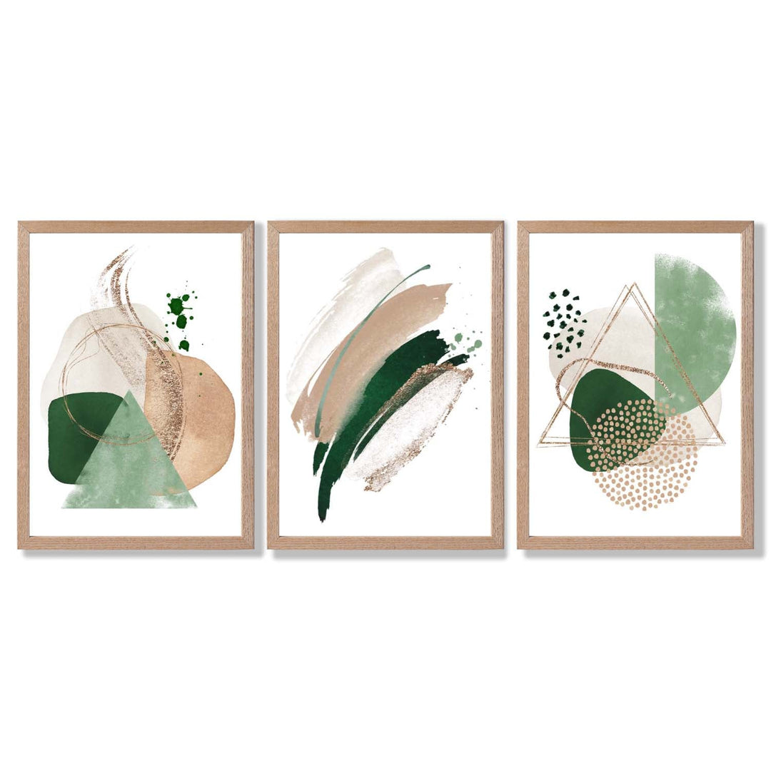 Abstract Set of 3 Sage Green and Beige Framed Art Prints | Bowlift