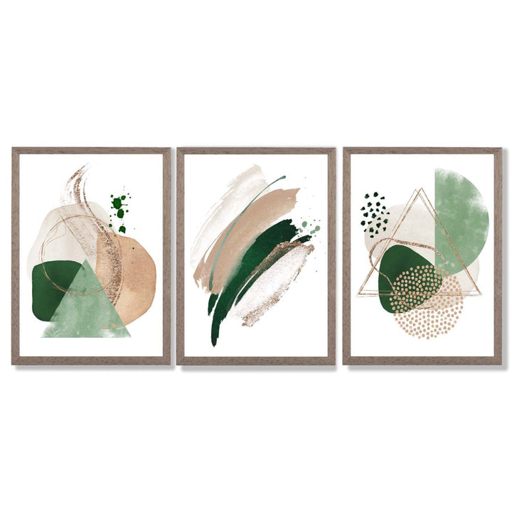 Abstract Set of 3 Sage Green and Beige Framed Art Prints | Bowlift