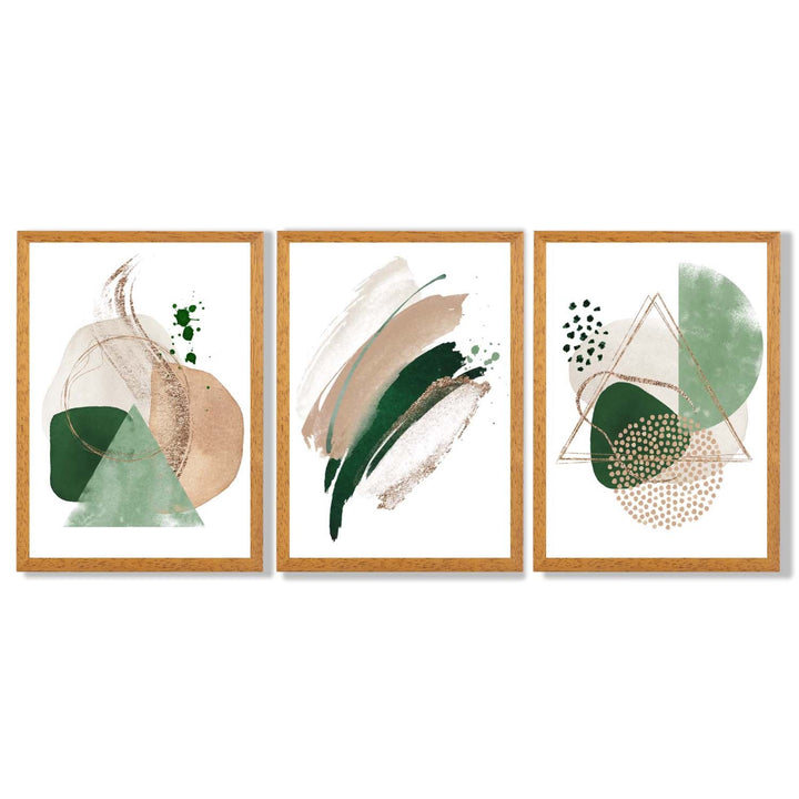Abstract Set of 3 Sage Green and Beige Framed Art Prints | Bowlift
