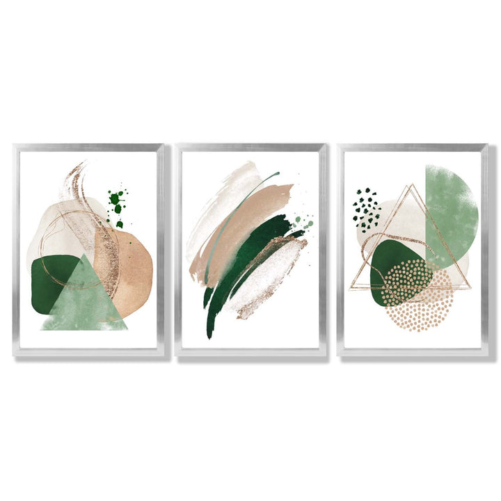 Abstract Set of 3 Sage Green and Beige Framed Art Prints | Bowlift
