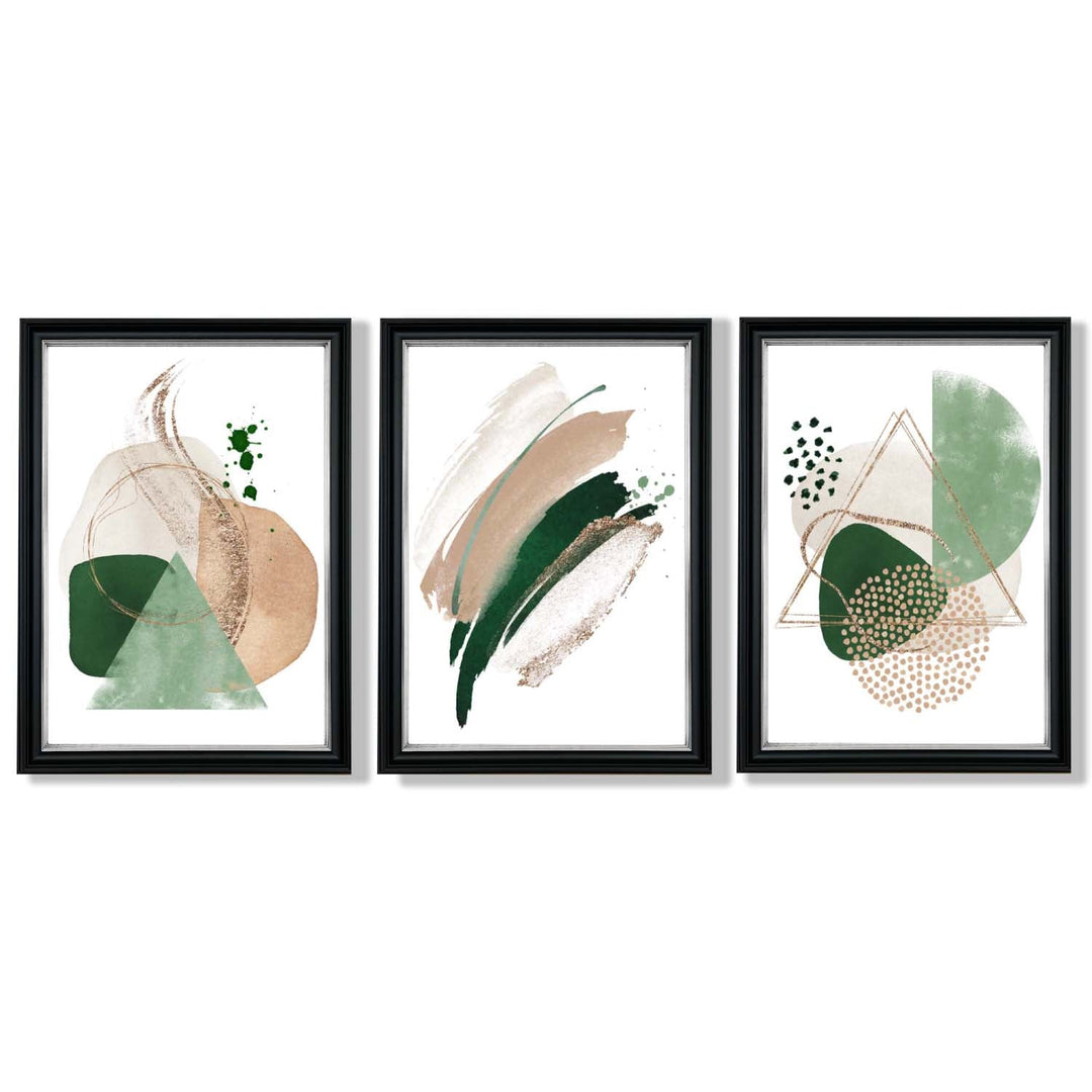 Abstract Set of 3 Sage Green and Beige Framed Art Prints | Bowlift