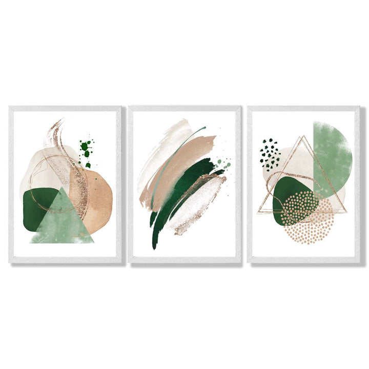 Abstract Set of 3 Sage Green and Beige Framed Art Prints | Bowlift