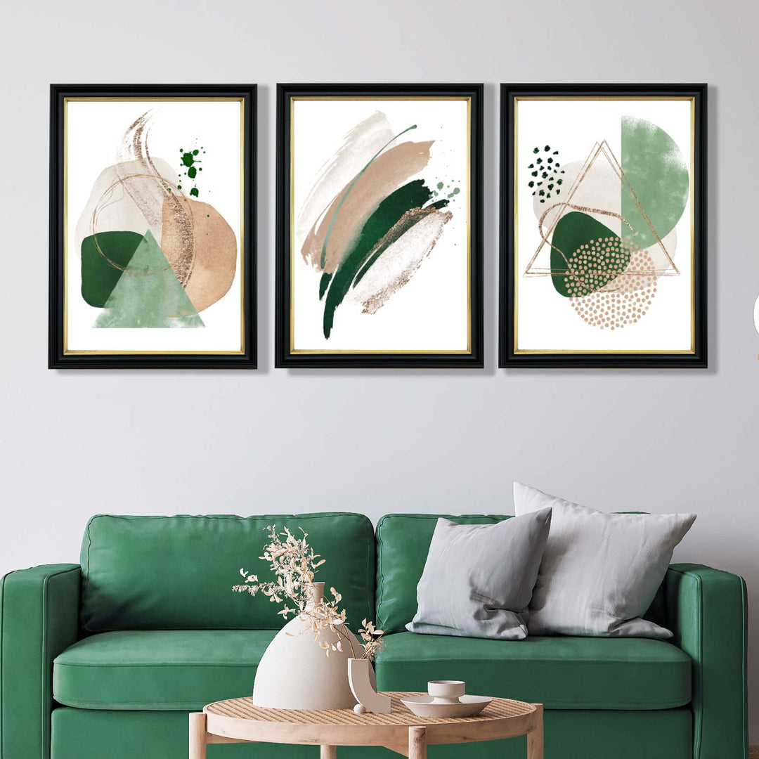 Abstract Set of 3 Sage Green and Beige Art Prints | Bowlift