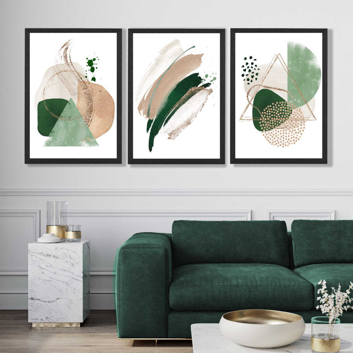 Abstract Set of 3 Sage Green and Beige Art Prints | Bowlift