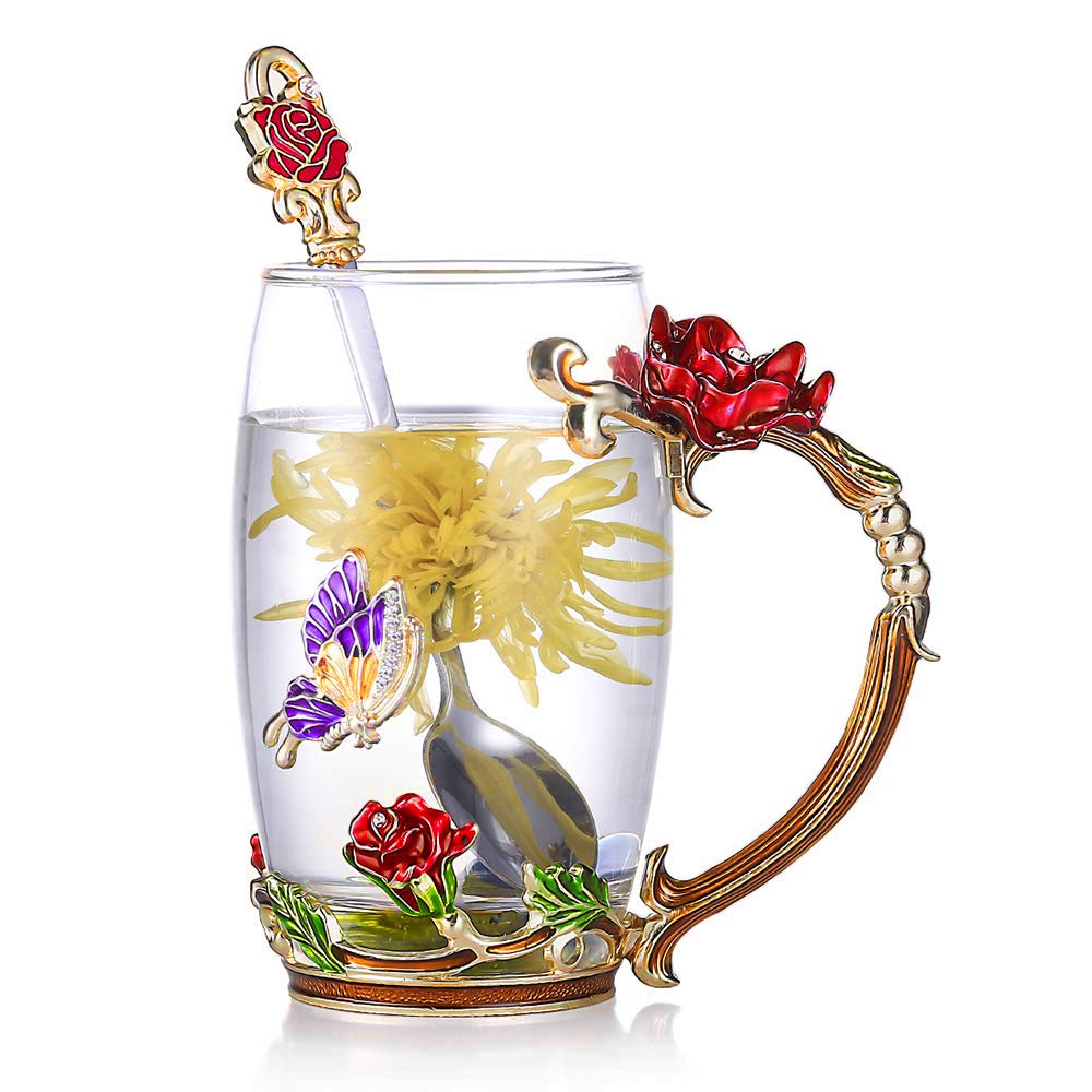 Enamel Rose Glass Tea Cup Set (With Spoon) | Bowlift