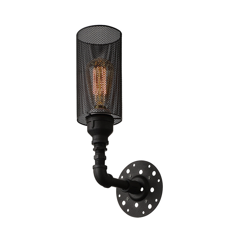BowLift | Metallic Cylinder Wall Lighting with Mesh Pattern Vintage Stylish 1 Light Restaurant Wall Mount Light in Black