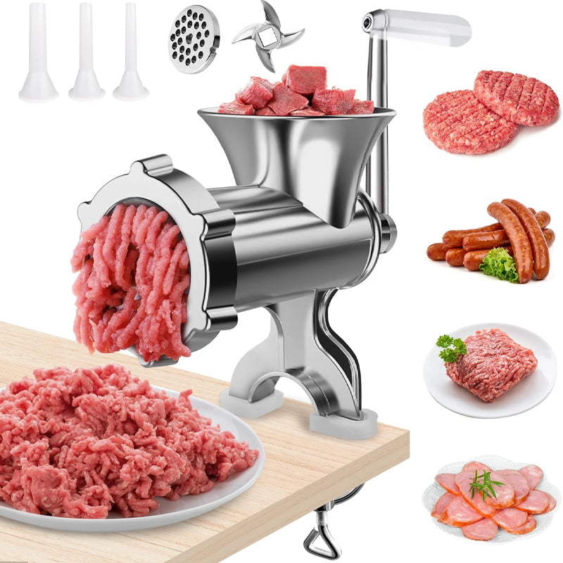 BowLift | Manual Meat Grinder with 1 Cutting Blade 1 Cutting Plate 3 Sausage Tubes Meat Mincer Sausage Maker