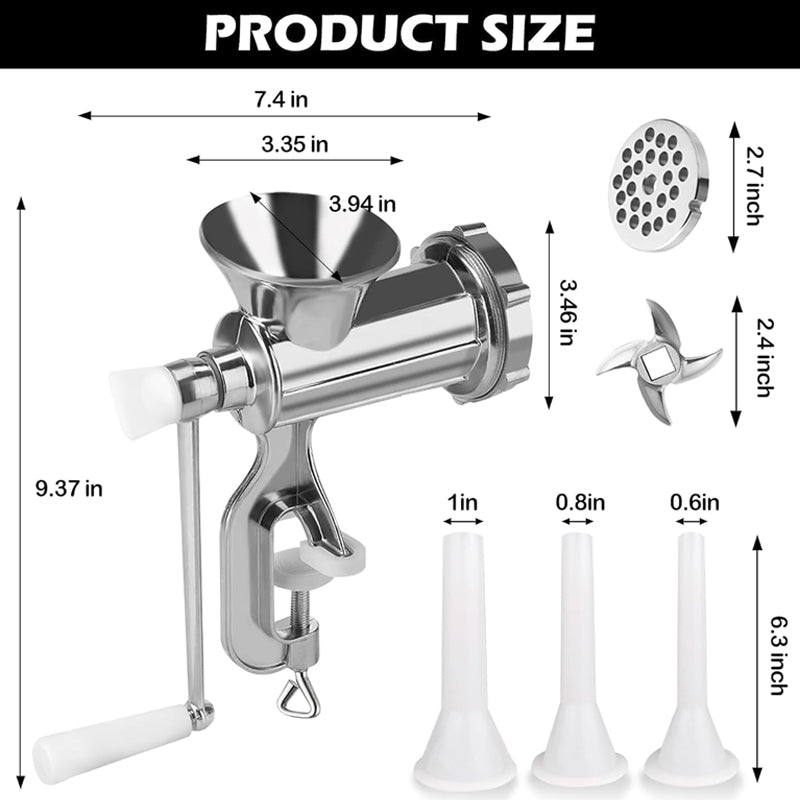 BowLift | Manual Meat Grinder with 1 Cutting Blade 1 Cutting Plate 3 Sausage Tubes Meat Mincer Sausage Maker