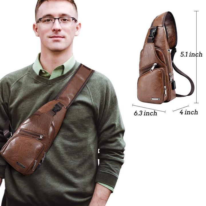 BowLift | Large Men's Leather Bag Chest Backpack Waterproof Crossbody Bag with USB