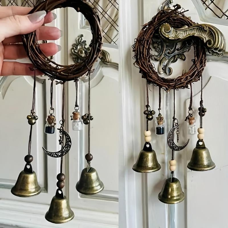 BowLift | Witch Bell Hanging Decor | Boho Rustic Design | Rattan & Metal | 11.8 in