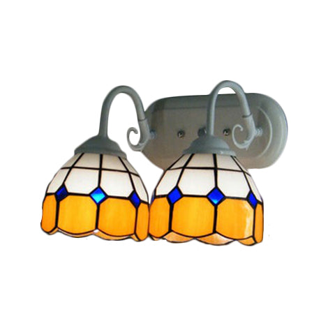 BowLift | 2 Heads Bowl Wall Lamp with Curved Arm Grid Glass Tiffany Style Vanity Lighting in Blue/Orange for Bathroom