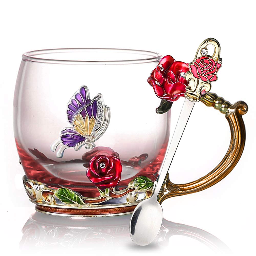 Enamel Rose Glass Tea Cup Set (With Spoon) | Bowlift