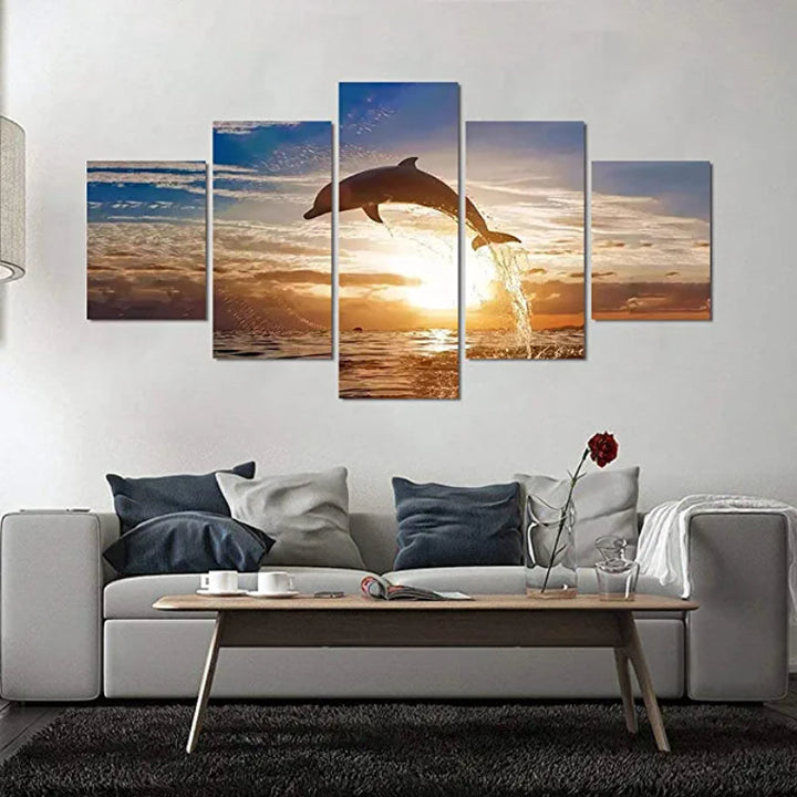 5 Pieces Jumping Dolphin Sunset Landscape Painting | Bowlift