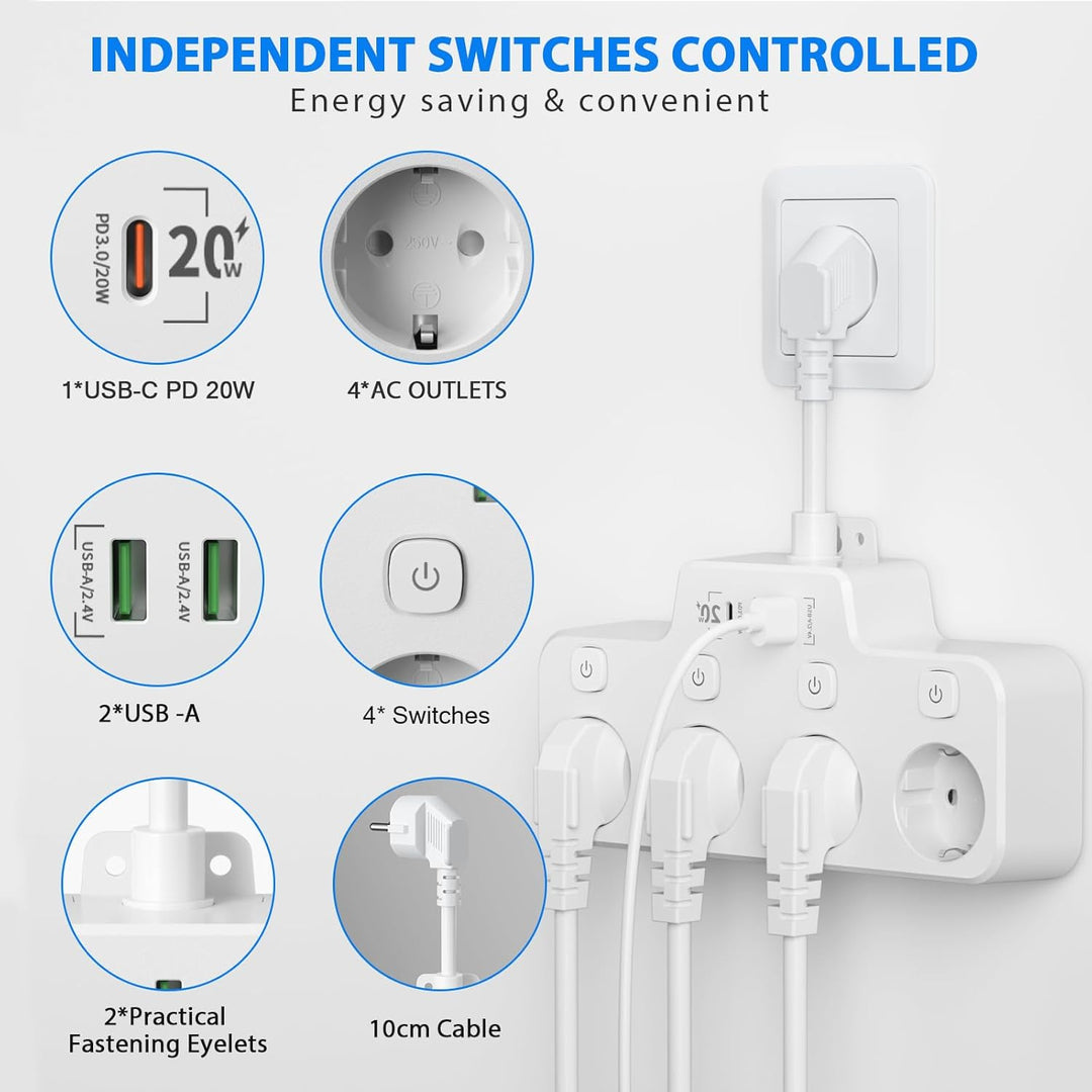 BowLift | Swivel Wall-Mounted Power Strip with Independent Switches – 3 Outlets + 2 USB-A + 1 USB-C Ports