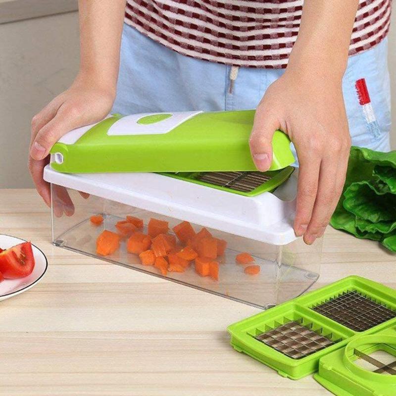 BowLift | CutMate Multifunctional Vegetable Cutter 12-in-1 | With Collection Container & Finger Guard | Stainless Steel Blades | Compact & Safe
