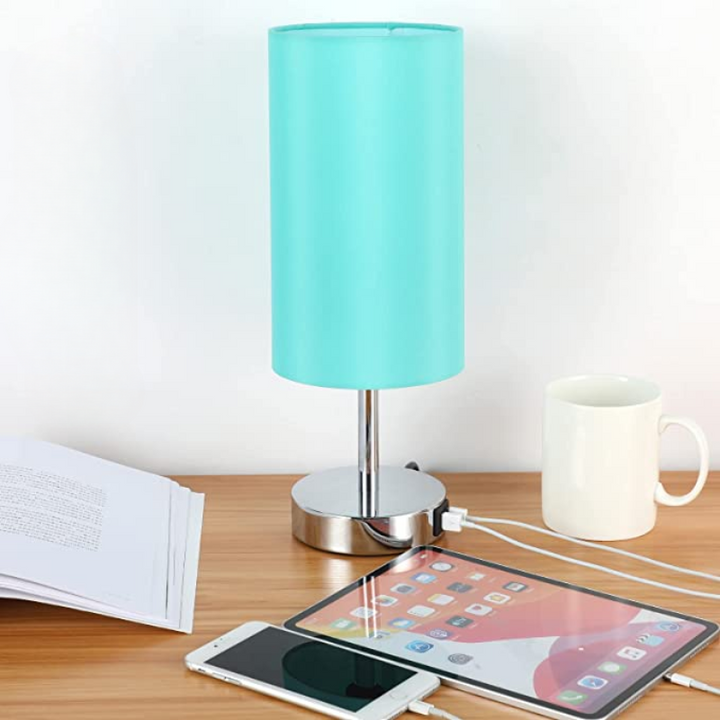 BowLift | Lamp with USB connection Touch-Control Table Lamp for Bedroom Wood 3-stage dimmable Bedside Lamp with Round Linen Fabric Shade for Living Room, Student Dorm, Home Office
