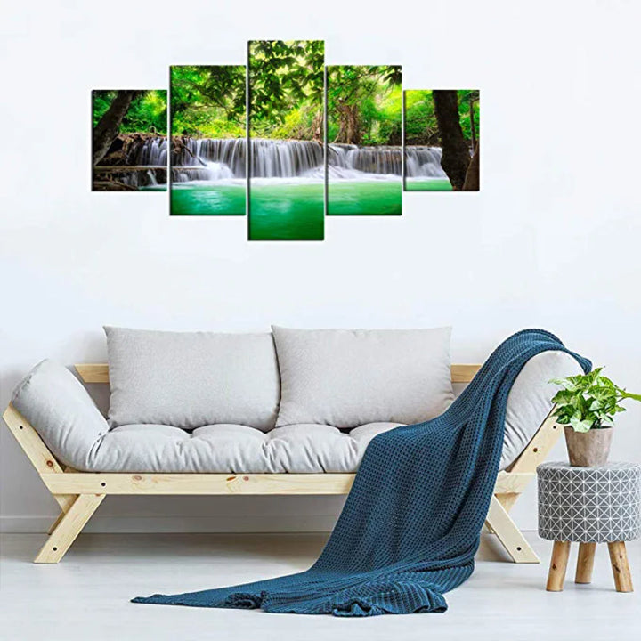 5 Pieces Green Forest Waterfall Landscape Artwork Painting | Bowlift