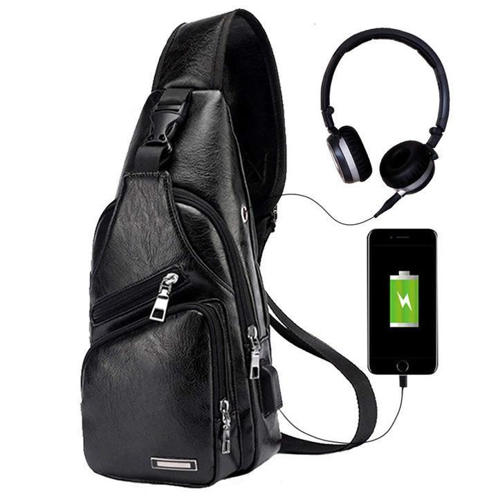 BowLift | Large Men's Leather Bag Chest Backpack Waterproof Crossbody Bag with USB