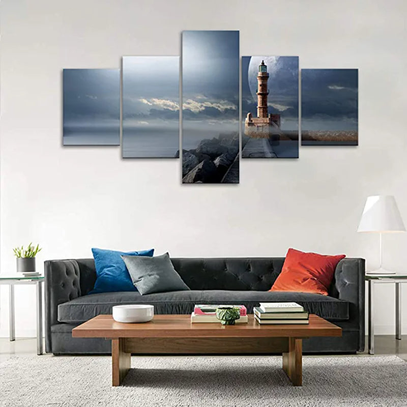 5 Pieces Lighthouse Night Pictures Artwork Canvas Painting | Bowlift