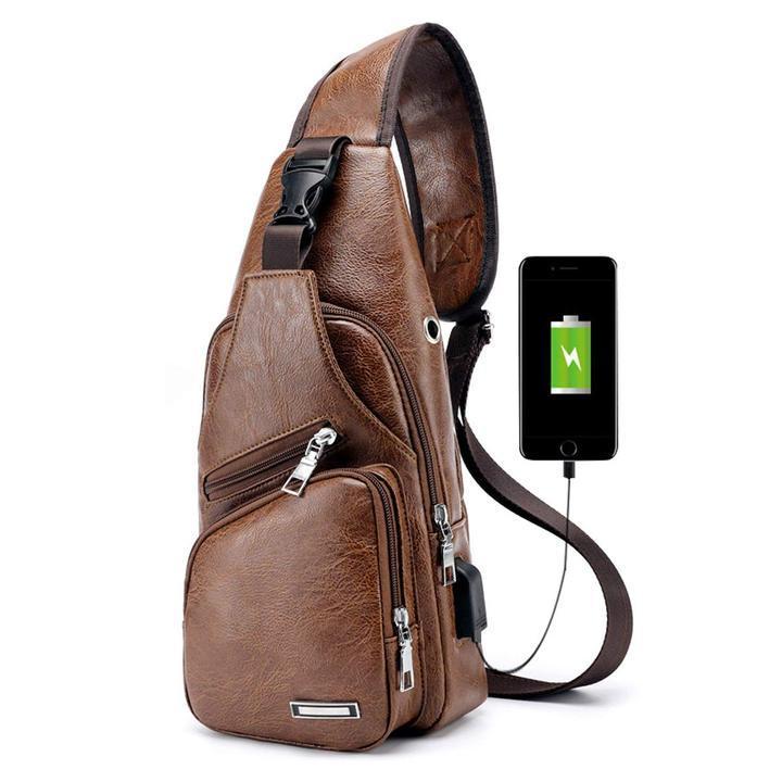 BowLift | Large Men's Leather Bag Chest Backpack Waterproof Crossbody Bag with USB