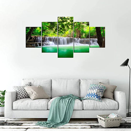 5 Pieces Green Forest Waterfall Landscape Artwork Painting | Bowlift
