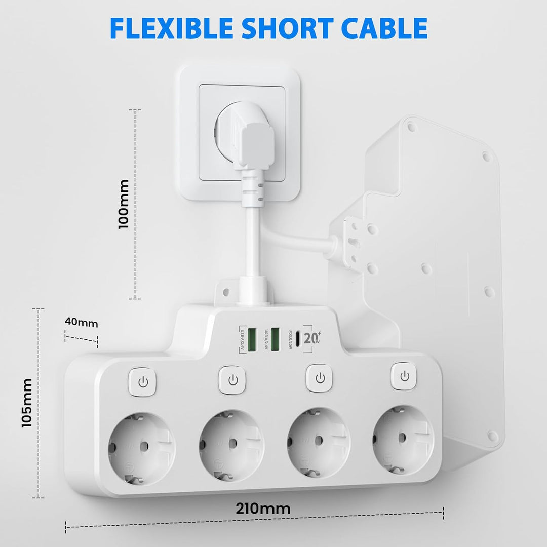 BowLift | Swivel Wall-Mounted Power Strip with Independent Switches – 3 Outlets + 2 USB-A + 1 USB-C Ports