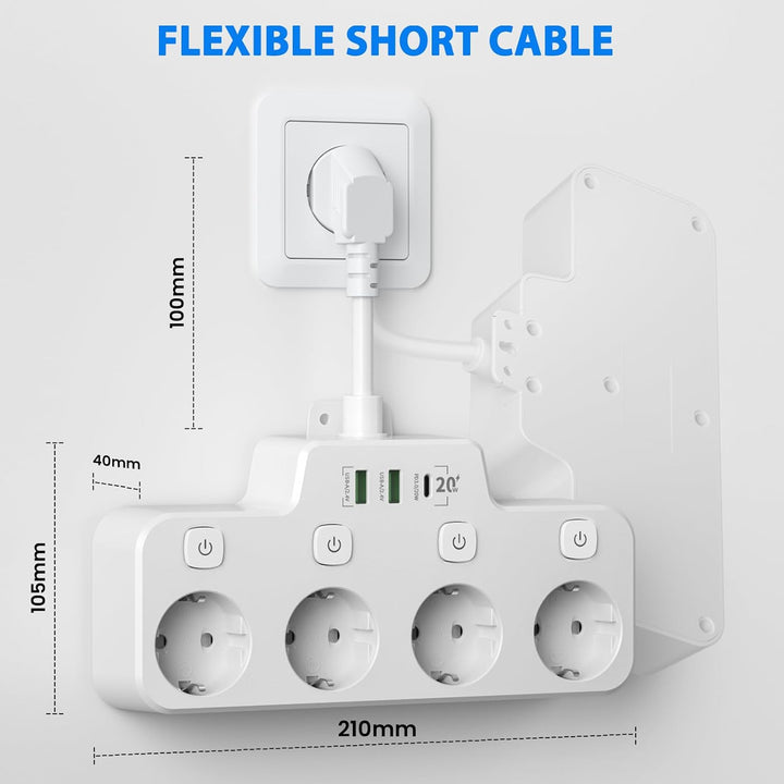BowLift | Swivel Wall-Mounted Power Strip with Independent Switches – 3 Outlets + 2 USB-A + 1 USB-C Ports