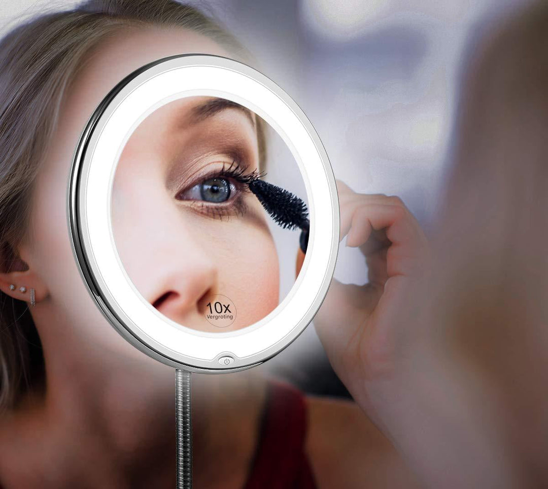 BowLift | Claravue LED Magnifying Mirror with Flexible Gooseneck – 10x Zoom, Daylight LEDs & Suction Mount