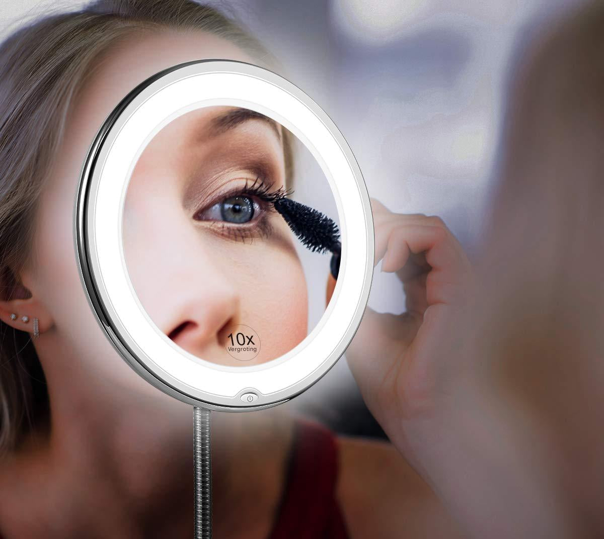 BowLift | Claravue LED Magnifying Mirror with Flexible Gooseneck – 10x Zoom, Daylight LEDs & Suction Mount