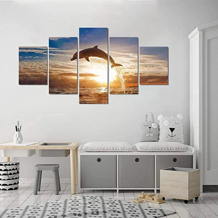 5 Pieces Jumping Dolphin Sunset Landscape Painting | Bowlift