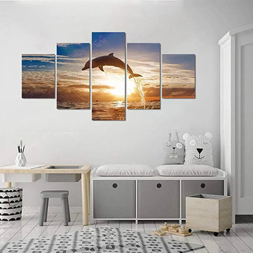 5 Pieces Jumping Dolphin Sunset Landscape Painting | Bowlift