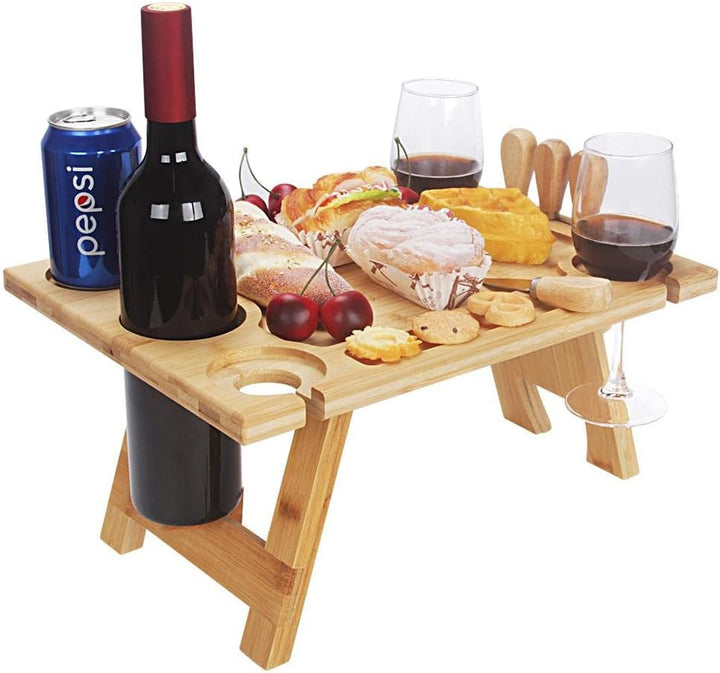 BowLift | Portable Wine Table Vinlora FoldWood | Foldable & Mobile | Made of Wood | With Bottle & Glass Holder | For Picnic, Garden & Camping