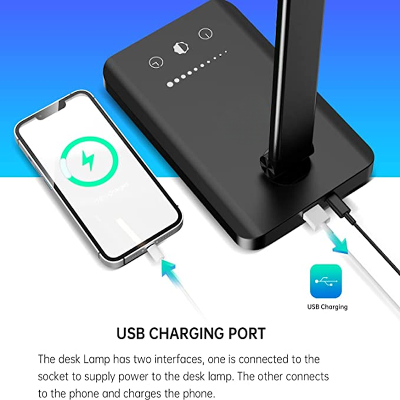 BowLift | LED desk lamp with USB charging port, dimmable eye-friendly reading lamp for home, with 5 brightness levels & 3 light modes, touch control, auto timer (Black)