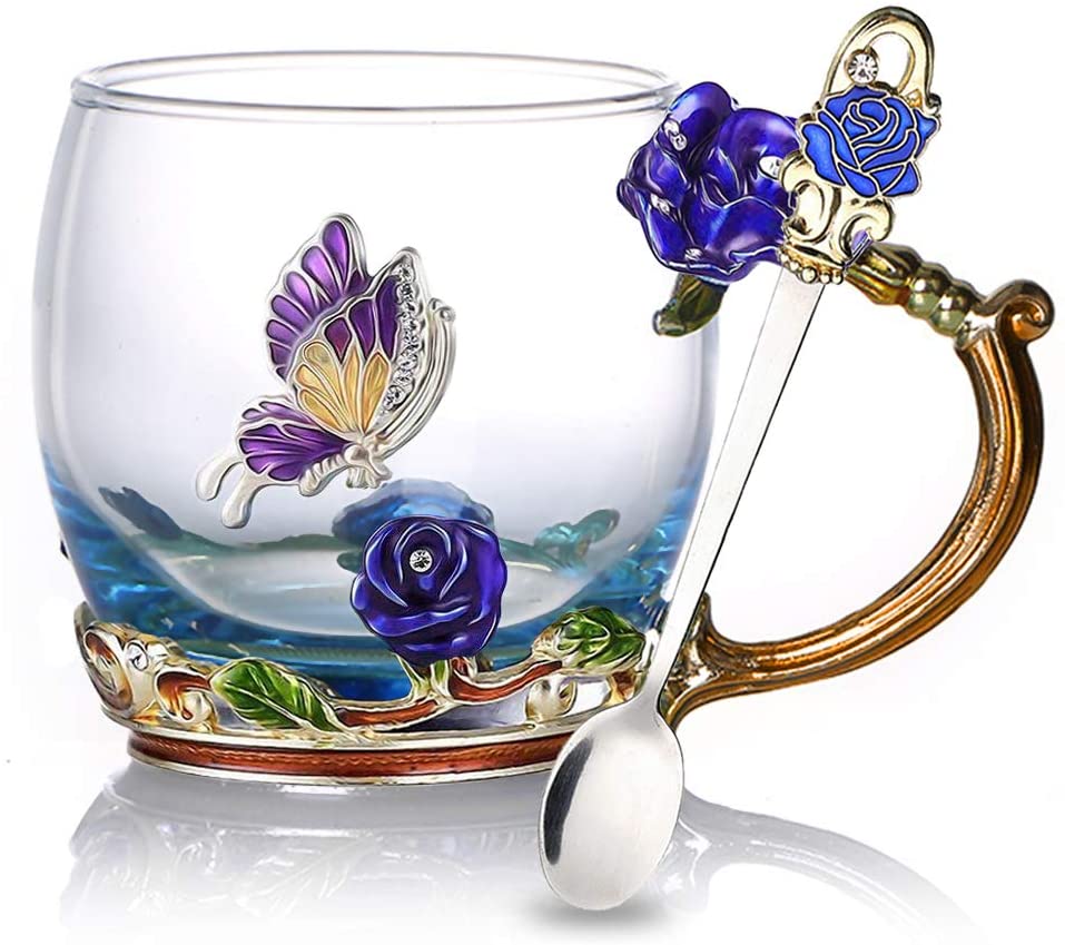 Enamel Rose Glass Tea Cup Set (With Spoon) | Bowlift