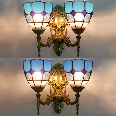 BowLift | 2 Light Bowl Wall Mount Light Vintage Stained Glass Wall Lamp in Blue/Sky Blue for Living Room
