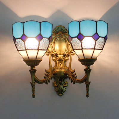 BowLift | 2 Light Bowl Wall Mount Light Vintage Stained Glass Wall Lamp in Blue/Sky Blue for Living Room