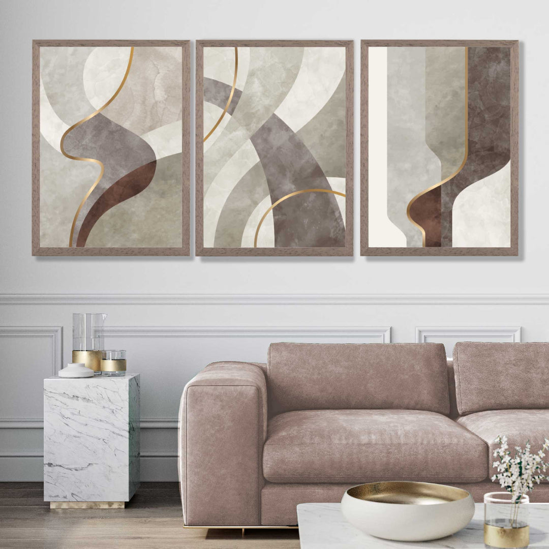 Beige and Brown Set of 3 Abstract Swirl Art Prints | Bowlift